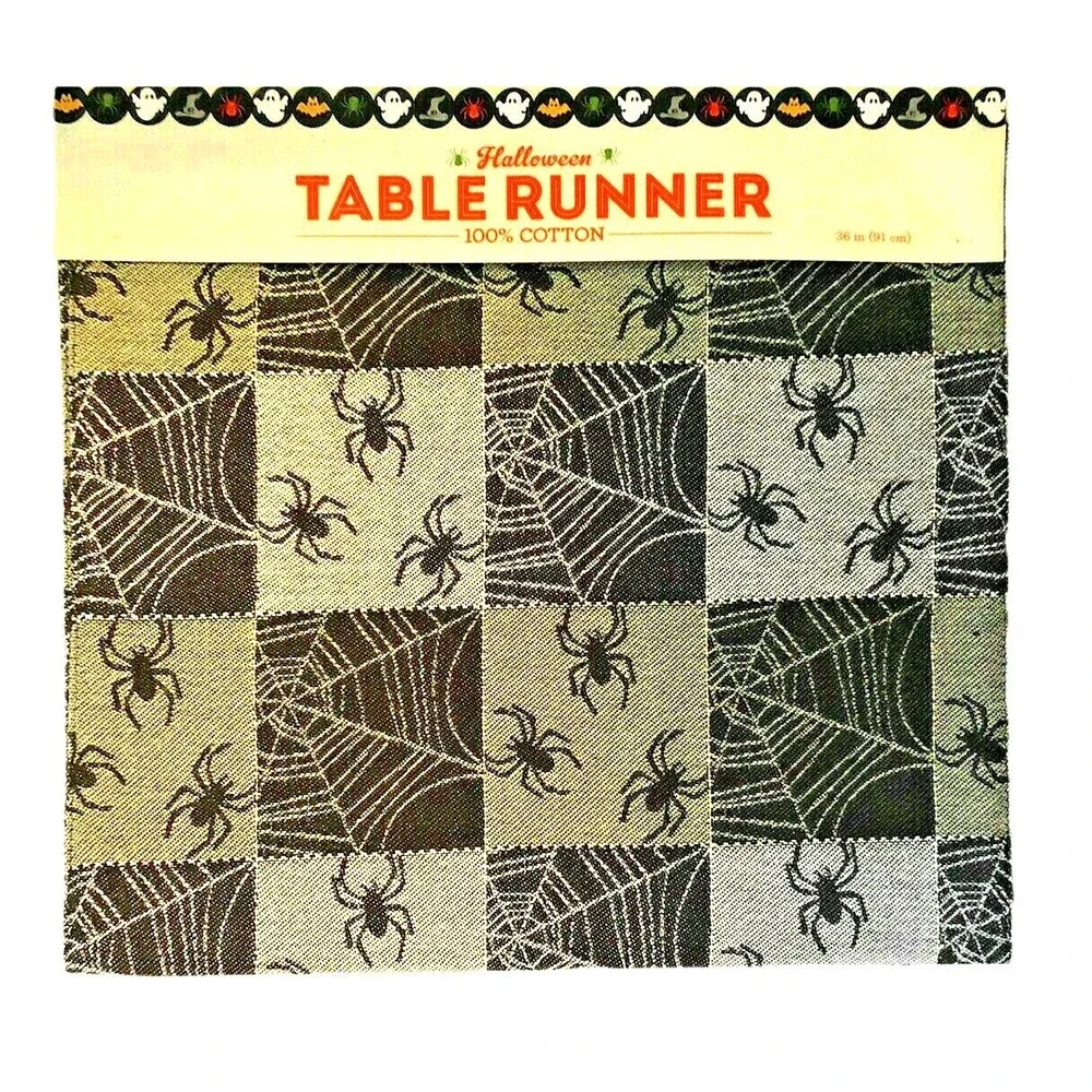 Nantucket Halloween Table Runner Black Gray Spider Webs Spooky Scary 14x36